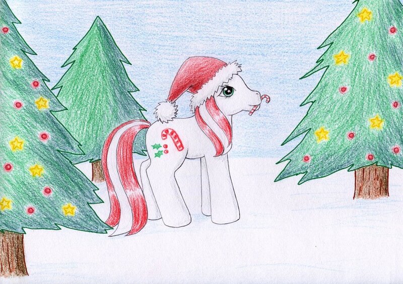 Size: 1024x722 | Tagged: artist:normaleeinsane, candy cane (g3), derpibooru import, g3, hat, safe, snow, traditional art, tree