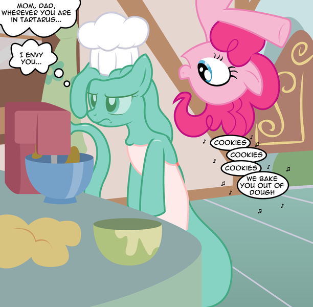 Size: 2512x2462 | Tagged: safe, artist:badumsquish, derpibooru import, pinkie pie, oc, earth pony, goo, goo pony, hybrid, lamia, original species, pony, slimia, apron, baking, bowl, chef's hat, clothes, cookie dough, cute, defeated, diapinkes, dough, duo, female, frown, glare, hat, i have a little dreidel, kitchen, mare, mixer, music notes, open mouth, show accurate, singing, smiling, speech bubble, sugarcube corner, thinking, thought bubble, unamused, upside down
