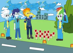 Size: 2337x1700 | Tagged: safe, artist:equestriaguy637, derpibooru import, fleetfoot, pokey pierce, rainbow dash, soarin', spitfire, equestria girls, 1000 hours in ms paint, boots, clothes, cloud, control tower, cross, equestria girls-ified, flying, grass, jet, jet fighter, necktie, outfit, plane, poppy, poppy pin, remeberance day, remembrance cross, rule 63, runway, runway lights, sad, salute, shoes, uniform, veterans day, wonderbolts, wonderbolts uniform