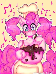Size: 3000x4000 | Tagged: safe, artist:bunxl, derpibooru import, pinkie pie, anthro, earth pony, alternate hairstyle, apron, arm hooves, baking, batter, breasts, busty pinkie pie, cake batter, chef's hat, clothes, female, food, frazzled hair, hat, solo