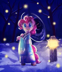 Size: 2000x2300 | Tagged: safe, artist:habijob, derpibooru import, pinkie pie, earth pony, pony, bipedal, clothes, female, high res, kimono (clothing), mare, night, snow, solo, tree, umbrella, winter