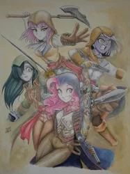 Size: 1500x2007 | Tagged: safe, artist:kvorias23, derpibooru import, limestone pie, marble pie, maud pie, pinkie pie, equestria girls, assassin's creed, clothes, crossover, equestria girls-ified, female, gun, handgun, hoodie, looking at you, pie sisters, pistol, rapier, siblings, sisters, smiling, sword, traditional art, weapon