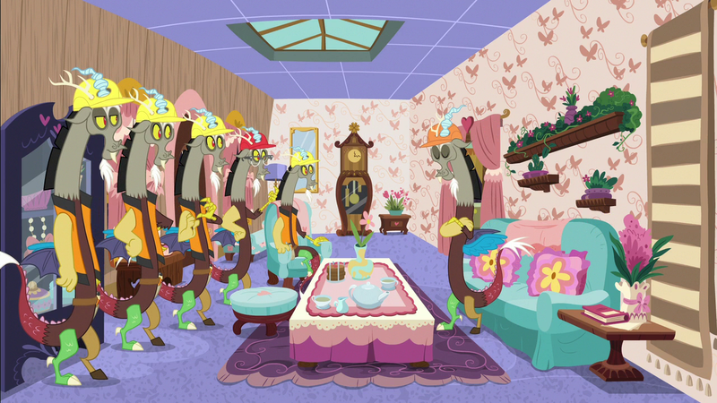 Size: 1280x720 | Tagged: couch, derpibooru import, discord, discordant harmony, discord crew, discord's house, draconequus, hard hat, living room, male, multeity, safe, screencap, self paradox, teapot