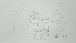Size: 4032x2268 | Tagged: safe, artist:parclytaxel, derpibooru import, oc, oc:parcly taxel, unofficial characters only, alicorn, pony, ain't never had friends like us, albumin flask, parcly taxel in japan, airport, alicorn oc, female, horn, horn ring, japan, kansai airport, lineart, looking up, mare, monochrome, moon, osaka, pencil drawing, ring, smiling, solo, spread wings, story included, sun, traditional art, wings