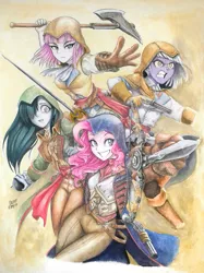 Size: 1500x2007 | Tagged: safe, artist:kvorias23, derpibooru import, edit, limestone pie, marble pie, maud pie, pinkie pie, equestria girls, arno dorian, assassin's creed, assassin's creed unity, clothes, crossover, equestria girls-ified, female, gun, handgun, hidden blade, hoodie, looking at you, pie sisters, pistol, rapier, siblings, sisters, smiling, sword, traditional art, weapon