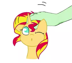 Size: 655x579 | Tagged: safe, artist:0darky0, derpibooru import, edit, sunset shimmer, oc, oc:anon, human, pony, unicorn, :<, cute, disembodied hand, hand, human on pony petting, one eye closed, petting, shimmerbetes, simple background, white background