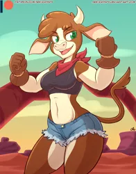 Size: 825x1050 | Tagged: anthro, arizona cow, armpits, artist:nekocrispy, belly button, breasts, busty arizona cow, clothes, community related, cow, derpibooru import, female, gloves, looking at you, midriff, open mouth, patreon, patreon logo, shorts, smiling, suggestive, them's fightin' herds, wide hips