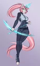 Size: 2445x4000 | Tagged: safe, artist:askbubblelee, derpibooru import, oc, oc:rosie quartz, unofficial characters only, anthro, unguligrade anthro, unicorn, alternate universe, anthro oc, arrow, bow (weapon), breasts, colored sketch, female, glowing horn, horn, magic, magical lesbian spawn, mare, next generation, offspring, parent:maud pie, parent:trixie, parents:mauxie, serious, serious face, solo, weapon, willowverse