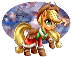 Size: 1300x1014 | Tagged: safe, artist:tiffanymarsou, derpibooru import, applejack, earth pony, pony, abstract background, applejack's hat, boots, clothes, cowboy hat, fashion, female, hat, looking at you, mare, shoes, smiling, solo, watermark, winter