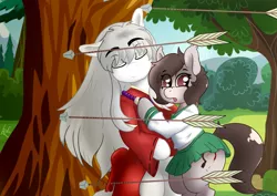 Size: 1753x1240 | Tagged: safe, artist:tatemil, derpibooru import, oc, oc:sickle cell, ponified, unofficial characters only, pony, against tree, arrows, clothes, cutie mark, embrace, inuyasha, kagome higurashi, kimono (clothing), mane, outdoors, school uniform, skirt, tail, tree