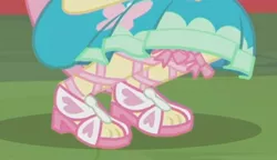 Size: 623x359 | Tagged: safe, derpibooru import, screencap, fluttershy, butterfly, equestria girls, equestria girls series, fluttershy's butterflies, feet, fluttershy's butterflies: applejack, legs, pictures of legs, sandals, squatting