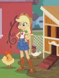 Size: 1536x2048 | Tagged: safe, derpibooru import, screencap, applejack, bird, chicken, equestria girls, equestria girls series, fluttershy's butterflies, belt, boots, chicken coop, clothes, cowboy boots, cowboy hat, fluttershy's butterflies: applejack, freckles, geode of super strength, hand on hip, hat, magical geodes, shoes