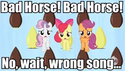 Size: 814x466 | Tagged: apple bloom, bad horse, caption, cutie mark crusaders, derpibooru import, dr. horrible's sing-along blog, edit, edited screencap, image macro, one bad apple, safe, scootaloo, screencap, sweetie belle, text