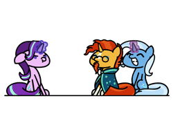 Size: 648x486 | Tagged: safe, artist:flutterluv, derpibooru import, starlight glimmer, sunburst, trixie, pony, unicorn, :t, :|, animated, cute, diatrixes, eyes closed, female, floppy ears, frown, glare, glowing horn, grin, harem, horn, magic, male, mare, pulling, rivalry, scrunchy face, shipping, shipping war, simple background, smiling, squee, stallion, starburst, starlight is not amused, straight, sunburst gets all the mares, telekinesis, trio, trixburst, unamused, white background