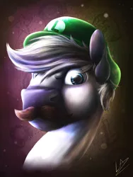 Size: 1024x1365 | Tagged: safe, artist:lupiarts, derpibooru import, oc, oc:snoopy stallion, earth pony, pony, bust, crossover, death stare, facial hair, looking at you, luigi, luigi's death stare, male, moustache, painting, portrait, stallion