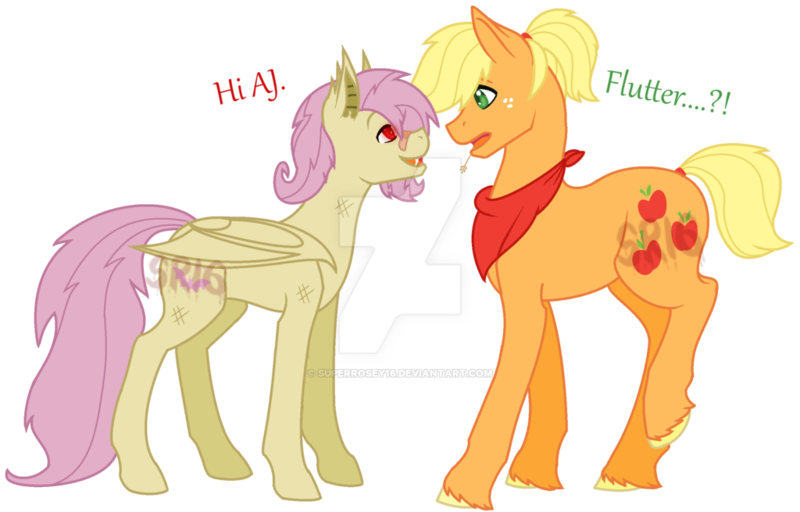 Size: 1024x655 | Tagged: safe, artist:superrosey16, derpibooru import, applejack, fluttershy, bat pony, pony, applejack (male), appleshy, bat ponified, butterjack (gay), butterscotch, dialogue, eye contact, female, flutterbat, gay, lesbian, looking at each other, male, neckerchief, profile, race swap, rule 63, shipping, standing, watermark