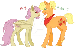 Size: 1024x655 | Tagged: safe, artist:superrosey16, derpibooru import, applejack, fluttershy, bat pony, pony, applejack (male), appleshy, bat ponified, butterjack (gay), butterscotch, dialogue, eye contact, female, flutterbat, gay, lesbian, looking at each other, male, neckerchief, profile, race swap, rule 63, shipping, standing, watermark
