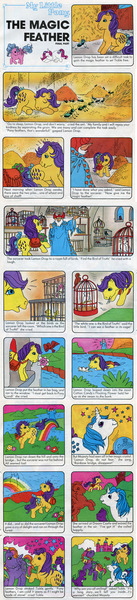 Size: 629x2760 | Tagged: adventure, ant, bag, bird, bird of truth, bow, cage, chaff, chase, cold, comic, comic:my little pony (g1), derpibooru import, disappearing spell, dream castle, feather, floating flower, flower, food, g1, horn, impossible task, insect, lemon drop, majesty, official, quest, rescue, return, river, safe, sleeping, spike (g1), stone-hearted sorceror, swimming, tail bow, the magic feather, tickle (g1), turned to stone, twirled her magic horn, wheat