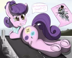 Size: 1024x819 | Tagged: suggestive, artist:cloufy, derpibooru import, suri polomare, oc, oc:checkerboard, butt, canon x oc, city, dock, female, frog (hoof), giantess, heart, hooves, lying down, macro, mega suri, plot, smoosh, smooshed, speech bubble, teasing, underhoof