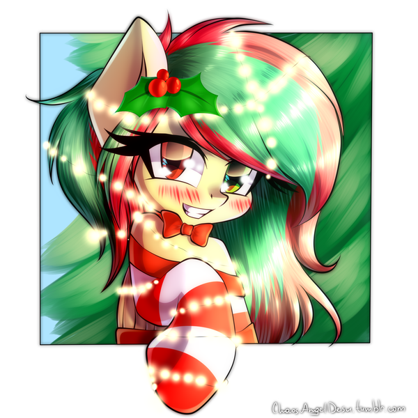 Size: 2000x2000 | Tagged: safe, artist:chaosangeldesu, derpibooru import, oc, oc:amber (doctorcongoalt), unofficial characters only, pony, blushing, christmas, christmas lights, clothes, commission, heterochromia, holiday, holly, image, png, socks, striped socks