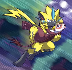 Size: 1456x1400 | Tagged: safe, artist:vavacung, derpibooru import, gimme moore, gryphon, spoiler:pokémon, carrying, female, male, paws, pokémon, spoilers for another series, story included, zeraora