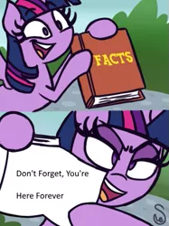 Size: 449x600 | Tagged: 2 panel comic, alicorn, artist:quarium edits, bipedal, comic, derpibooru import, don't forget you're here forever, ed edd n eddy, edit, exploitable meme, image macro, meme, mr. burns, safe, the simpsons, trapped, twilight's fact book, twilight sparkle, twilight sparkle (alicorn), welcome to the herd