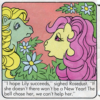 Size: 326x324 | Tagged: comic, comic:my little pony (g1), context is for the weak, derpibooru import, g1, happy new year, holiday, honeysuckle, lily (g1), panel, rosedust, safe, the snowdrop ceremony