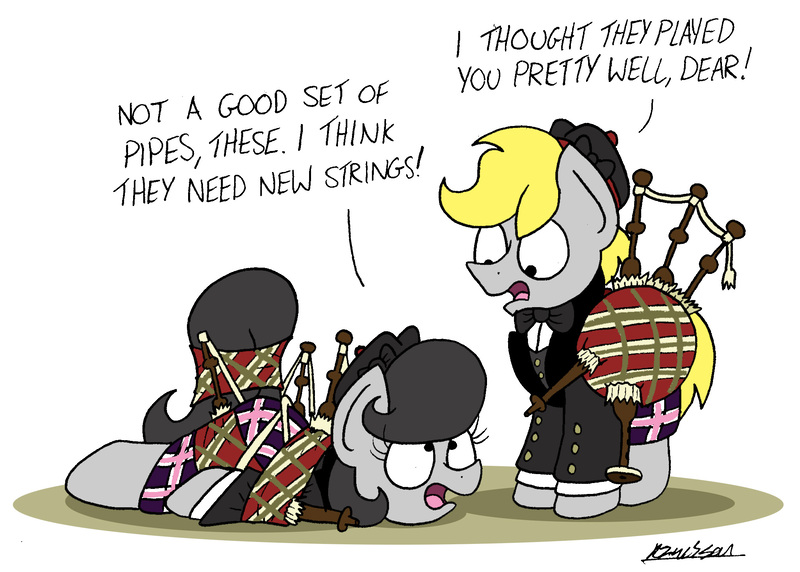 Size: 2050x1466 | Tagged: safe, artist:bobthedalek, derpibooru import, oc, oc:mixed melody, oc:octavia's father, oc:octavia's mother, oc:ostinato melody, unofficial characters only, earth pony, pony, bagpipes, clothes, dialogue, female, hat, kilt, male, mare, open mouth, simple background, stallion, tied up, white background