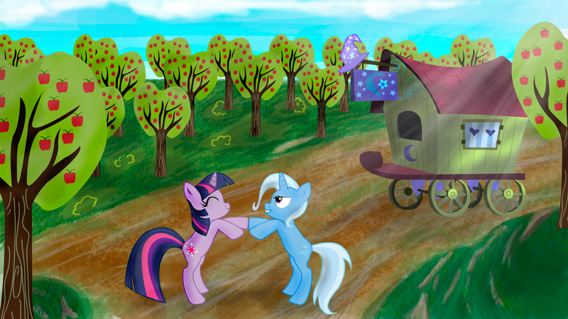 Size: 1920x1080 | Tagged: safe, artist:bigccv, derpibooru import, trixie, twilight sparkle, apple, apple tree, female, lesbian, scenery, shipping, tree, trixie's wagon, twixie