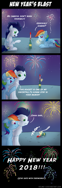 Size: 1600x4792 | Tagged: safe, artist:helmie-art, derpibooru import, rainbow dash, soarin', pony, bottle rocket, comic, female, fireworks, happy new year, happy new year 2018, holiday, male, misspelling, public service announcement, rainbow dumb, shipping, soarindash, straight, this ended in tears