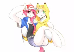 Size: 1300x914 | Tagged: artist:seamaggie, ash ketchum, clothes, cosplay, costume, derpibooru import, kigurumi, oc, pikachu, pokémon, safe, semi-anthro, unofficial characters only