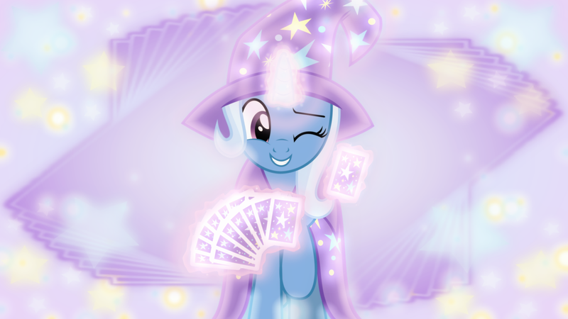 Size: 1600x900 | Tagged: artist:jhayarr23, artist:sailortrekkie92, cape, card, clothes, derpibooru import, hat, magic, one eye closed, safe, solo, trixie, trixie's cape, trixie's hat, uncommon bond, vector, wallpaper, wink