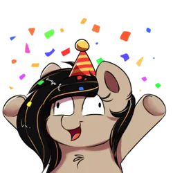 Size: 400x400 | Tagged: safe, artist:confetticakez, derpibooru import, oc, oc:raven sun, unofficial characters only, cheering, confetti, cute, female, frog (hoof), happy, hat, hooves up, mare, party hat, reaction image, simple background, solo, transparent background, underhoof