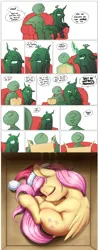 Size: 1656x4200 | Tagged: safe, artist:alcor, artist:shoutingisfun, derpibooru import, edit, fluttershy, queen chrysalis, oc, oc:anon, changeling, human, pegasus, pony, anon's couch, box, christmas, comic, cropped, curled up, cute, daaaaaaaaaaaw, dialogue, dock, ear fluff, everything is fixed, eyes closed, female, folded wings, hat, hnnng, holiday, magic, mare, new year, open mouth, pony in a box, present, santa hat, shoulder fluff, shyabetes, sleeping, smiling, underhoof, vulgar, weapons-grade cute, wing fluff, wings