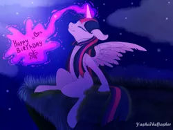 Size: 1600x1200 | Tagged: safe, artist:yashathebasher, derpibooru import, twilight sparkle, twilight sparkle (alicorn), alicorn, pony, cliff, happy, happy birthday, night, sitting, solo