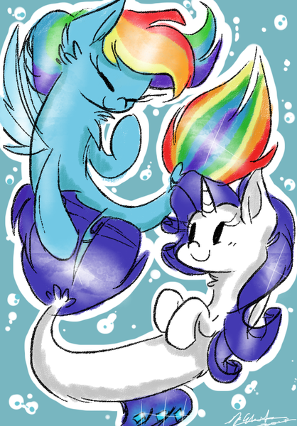 Size: 560x803 | Tagged: artist:circusfnaffamily, derpibooru import, eyes closed, female, lesbian, rainbow dash, raridash, rarity, safe, seapony (g4), shipping, smiling, tail, tail pull, transformation, underwater, water