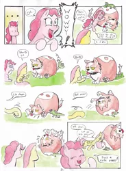 Size: 1332x1807 | Tagged: ..., artist:lost marbles, comic, comic:discord's pet, crossover, derpibooru import, dialogue, fluttershy, gummy, hell corgi, paws, phantom brave, pinkie pie, safe, speech bubble, traditional art, underpaw