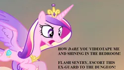 Size: 800x450 | Tagged: angry, derpibooru import, edit, edited screencap, fired, implied arrest, implied flash sentry, implied royal guard, implied sex, implied shiningcadance, implied shipping, implied straight, implied voyeurism, princess cadance, screencap, so many implications, suggestive, three's a crowd