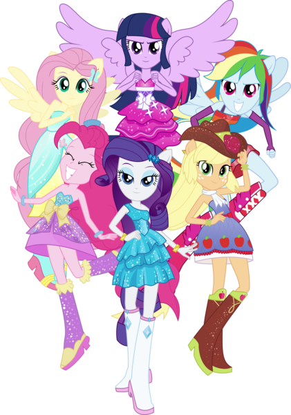 Size: 3856x5500 | Tagged: safe, artist:theshadowstone, derpibooru import, applejack, fluttershy, pinkie pie, rainbow dash, rarity, sci-twi, twilight sparkle, twilight sparkle (alicorn), alicorn, equestria girls, equestria girls (movie), bare shoulders, clothes, dress, fall formal outfits, humane five, humane six, ponied up, simple background, sleeveless, strapless, transparent background, vector