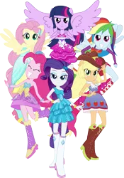 Size: 3856x5500 | Tagged: safe, artist:theshadowstone, derpibooru import, applejack, fluttershy, pinkie pie, rainbow dash, rarity, sci-twi, twilight sparkle, twilight sparkle (alicorn), alicorn, equestria girls, equestria girls (movie), bare shoulders, clothes, dress, fall formal outfits, humane five, humane six, ponied up, simple background, sleeveless, strapless, transparent background, vector