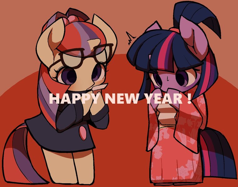 Size: 1457x1147 | Tagged: safe, artist:ccc, derpibooru import, moondancer, twilight sparkle, pony, unicorn, clothes, dress, female, glasses, kimono (clothing), mare, new year, text