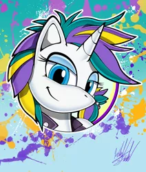 Size: 1104x1300 | Tagged: safe, artist:fuzon-s, derpibooru import, rarity, pony, unicorn, it isn't the mane thing about you, alternate hairstyle, bust, looking at you, pony channel, portrait, punk, raripunk, smiling, solo, style emulation, yuji uekawa style