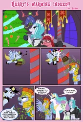 Size: 2400x3536 | Tagged: safe, artist:henbe, derpibooru import, princess celestia, oc, oc:iron heart, earth pony, pegasus, pony, unicorn, armor, candy canes, christmas, christmas tree, clothes, hearth's warming, holiday, maid, mistletoe, pity the poor stud, royal guard, spread wings, tree, wingboner, wings