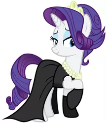 Size: 520x600 | Tagged: artist needed, safe, derpibooru import, rarity, pony, alternate hairstyle, audrey hepburn, breakfast at tiffany's, clothes, dress, female, holly golightly, jewelry, lidded eyes, necklace, pearl necklace, raised hoof, simple background, smiling, solo, tiara, white background