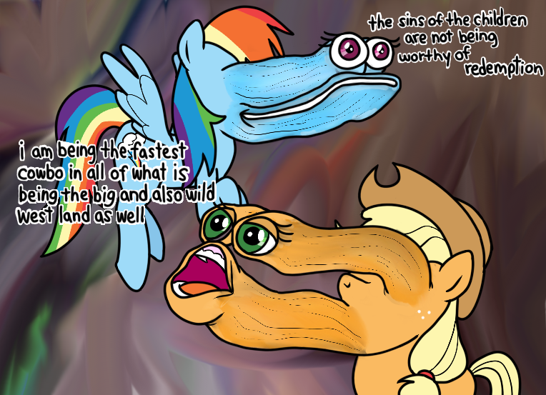 Size: 764x553 | Tagged: applejack, are you frustrated?, artist:distancedpsyche, cowbo, derpibooru import, meme, my name is called woody and i am having a snake in my shoes, not salmon, parody, parody of a parody, rainbow dash, safe, toy story, wat, where is your god now?, wtf