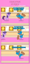 Size: 1205x2590 | Tagged: safe, artist:estories, derpibooru import, twilight sparkle, twilight sparkle (alicorn), oc, oc:paint tastic, alicorn, pony, unicorn, ><, comic, eyes closed, female, mare, pointy ponies