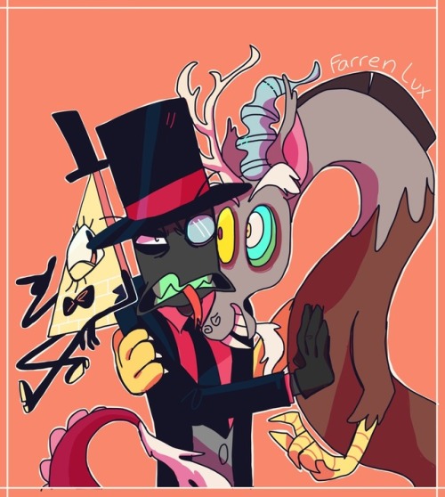 Size: 500x558 | Tagged: artist:farrenlux, bill cipher, black hat (villainous), crossover, derpibooru import, discord, gravity falls, safe, villainous