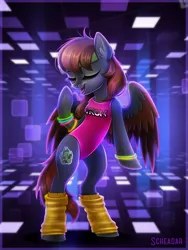 Size: 900x1200 | Tagged: safe, artist:scheadar, derpibooru import, oc, oc:acid etching, unofficial characters only, pegasus, pony, 80's fashion, bipedal, bracelet, clothes, eyes closed, female, jewelry, leg warmers, leotard, mare, neon, open mouth, solo, tron, workout outfit