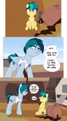 Size: 3233x5871 | Tagged: safe, artist:shinodage, derpibooru import, oc, oc:apogee, oc:delta vee, oc:houston, unofficial characters only, mouse, pegasus, pony, comic, delta vee's junkyard, dialogue, duo, female, filly, junkyard, mare, mother and child, mother and daughter, oil barrel, sitting, speech bubble