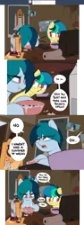 Size: 1971x5231 | Tagged: safe, artist:shinodage, derpibooru import, oc, oc:apogee, oc:delta vee, unofficial characters only, pegasus, pony, ash, ashtray, boop o' roops, bowl, box, cereal, cigarette, clothes, comic, delta vee's junkyard, desk lamp, dialogue, duo, ear freckles, eating, female, filly, food, freckles, graduation, graduation cap, hat, mare, milk, mother and child, mother and daughter, no pupils, onomatopoeia, paper towels, poster, remote, shirt, speech bubble, television